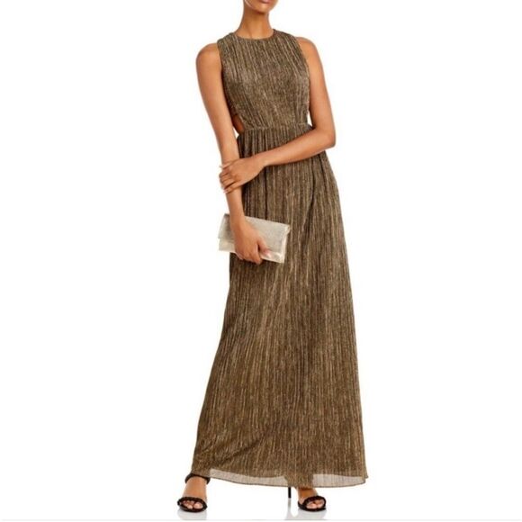BCBG MAXAZRIA Metallic Gold Pleated Cut Out Gown XS - Picture 2 of 10